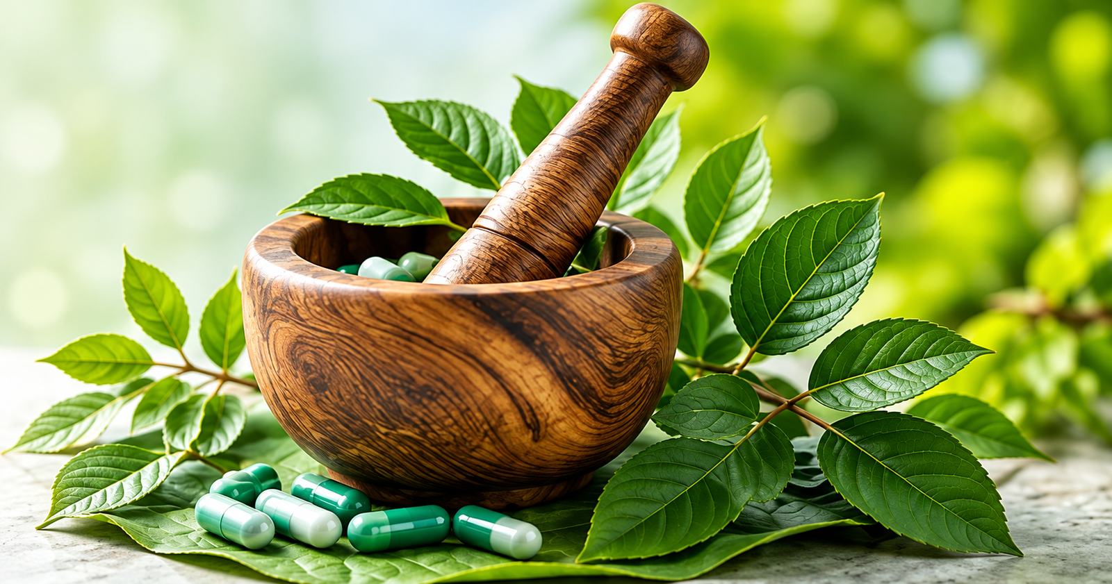 Ayurvedic mortar and pestle with herbs