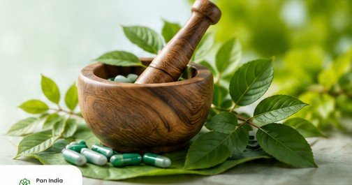 Ayurvedic mortar and pestle with herbs